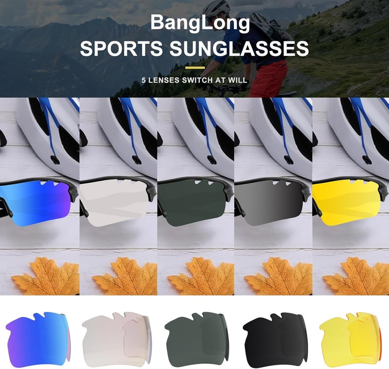 BangLong Polarized Sports Sunglasses Cycling Sun Glasses for Men Women with 5 Interchangeable Lenes for Running Baseball Golf - Image 2